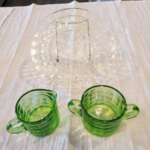 Hocking Block Optic Green Creamer & Sugar & Yellow 8" Luncheon Plate